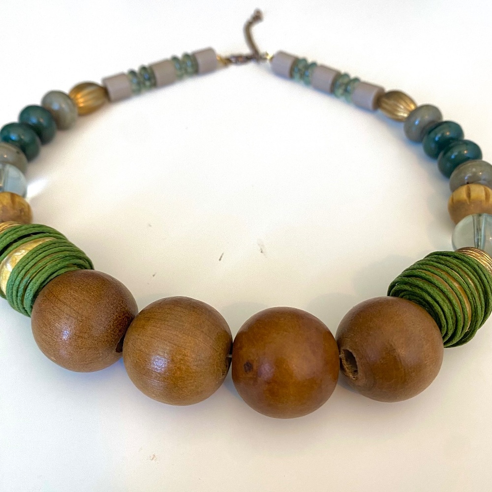 Vintage Chunky Wood & Mixed Bead Statement Necklace — Boho 70s Vibes